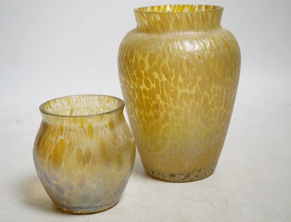 Two yellow Loetz style vases, tallest 13cm high. Condition - tallest has a small chip to top edge, the smaller good